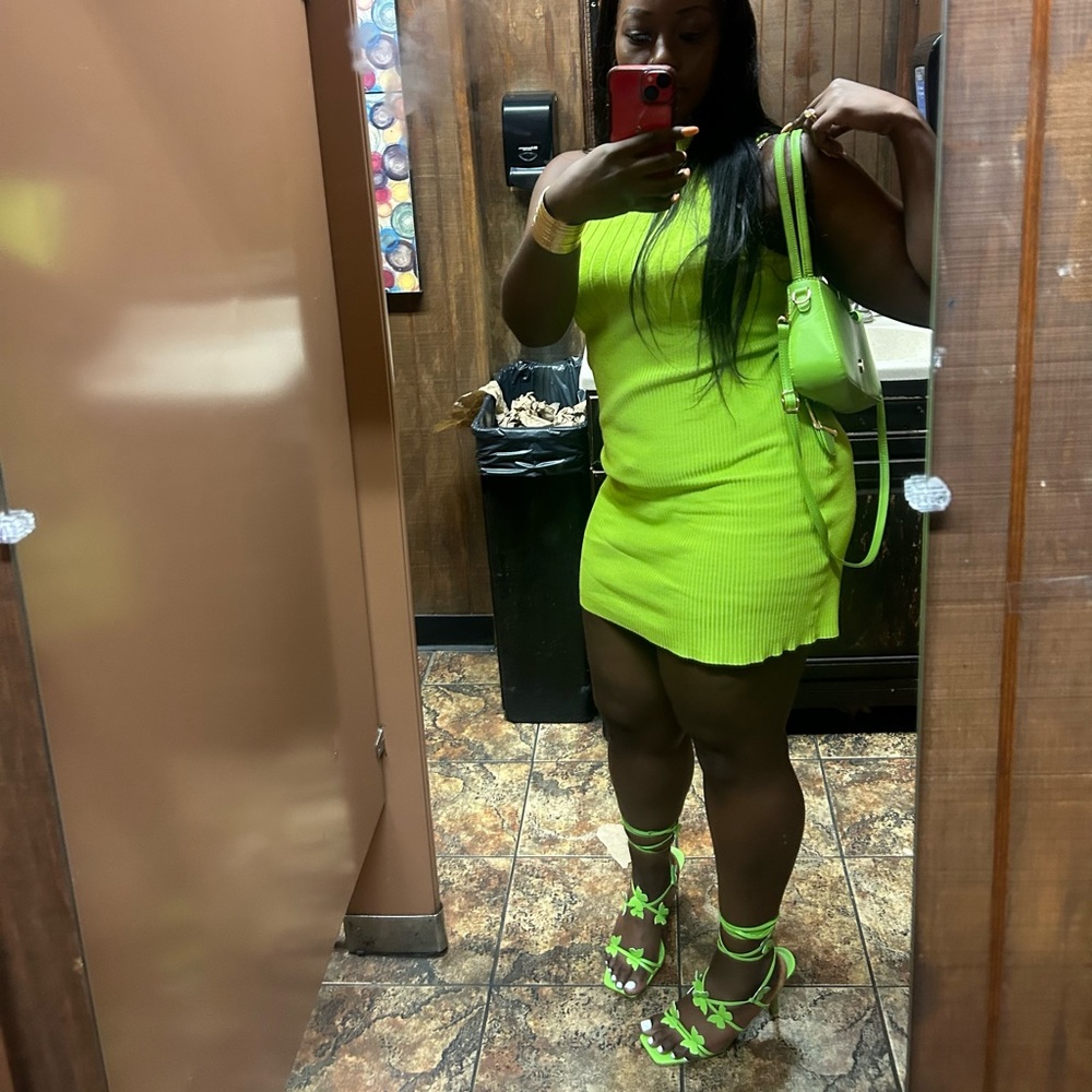 Neon Green Dress with Matching Heels and Bag